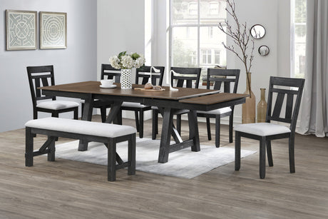 8pc Cottage Style Extendable Dining Table Set Wheat Charcoal Tow Tone Finish Upholstered Chair Bench Dining Room Wooden Furniture Two Self-Storing Refectory Leaves Solid Wood