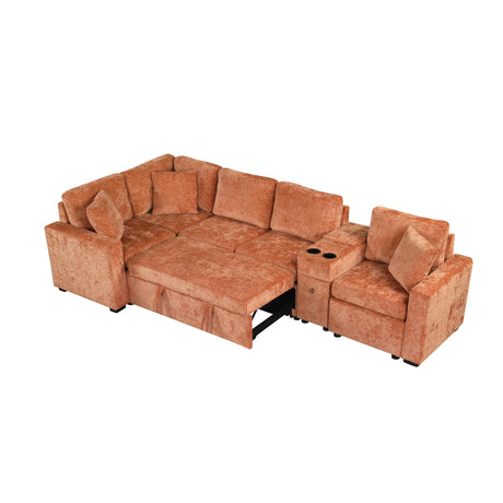 120.5' L-shaped Convertible Sofa Bed Modular Sectional Sofa Reversible Sleeper with Pull-Out Bed, Cup Holders, and Ample Storage Space for Living Room(Old SKU:N719S001940G), Orange - sold by Home Elegance USA