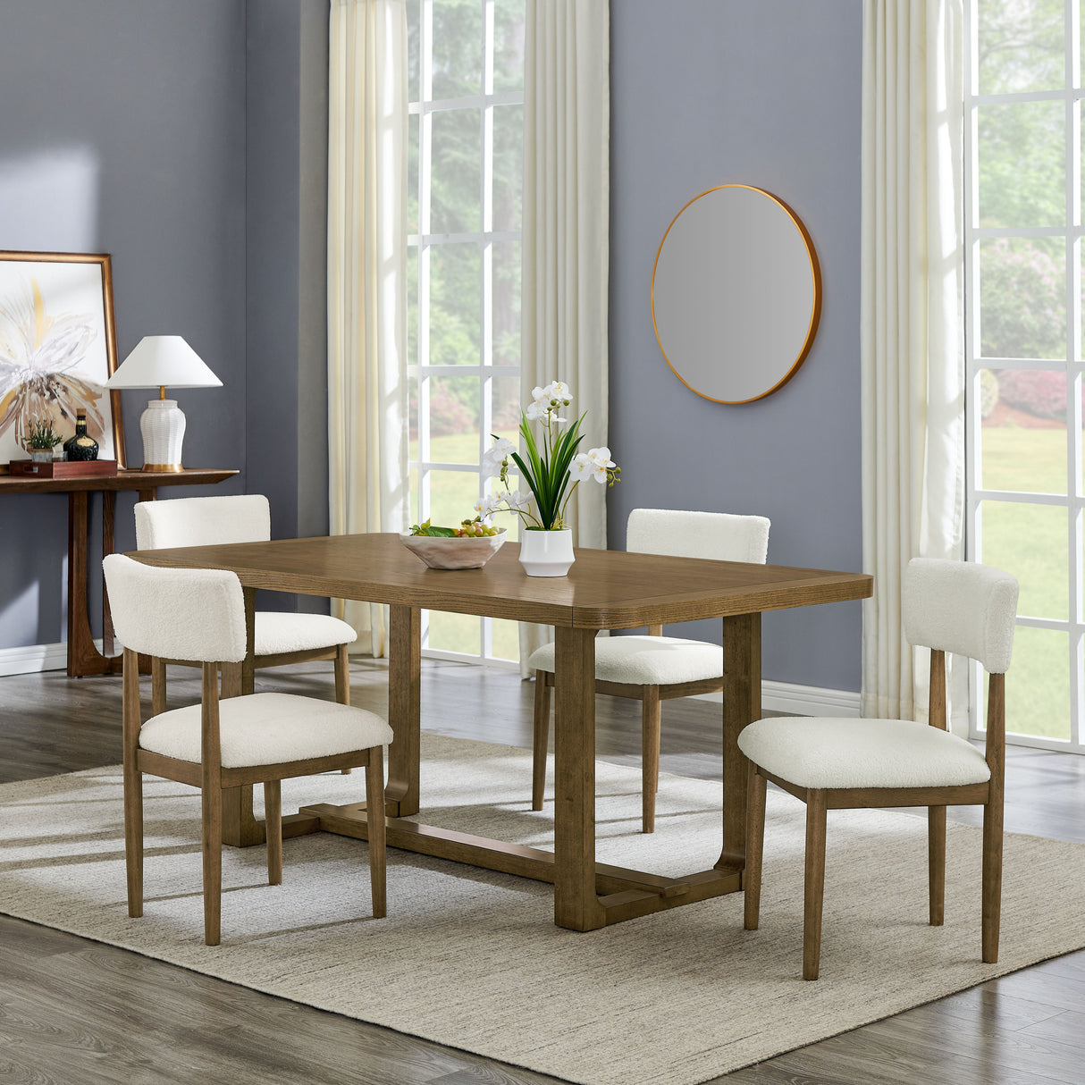 Darla 5Pc 72'W Rectangular Walnut Oak Finish Sled Dining Set with Beige Sherpa Fabric Chairs