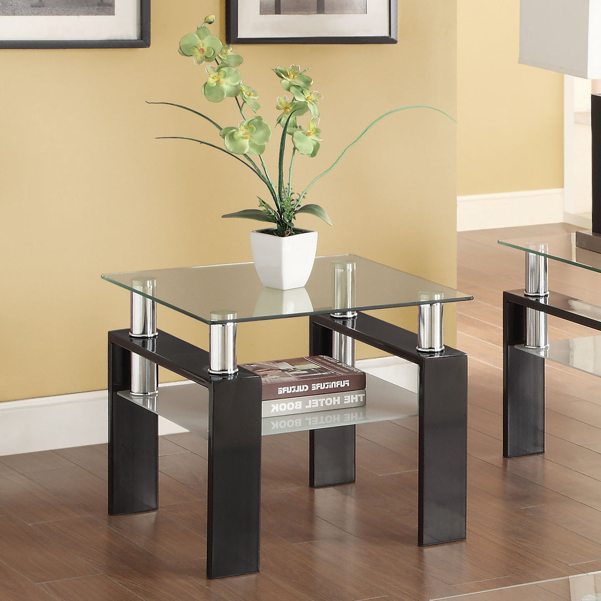 End Table - Dyer Tempered Glass End Table with Shelf Black