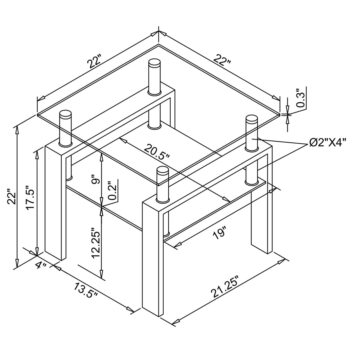 End Table - Dyer Tempered Glass End Table with Shelf Black