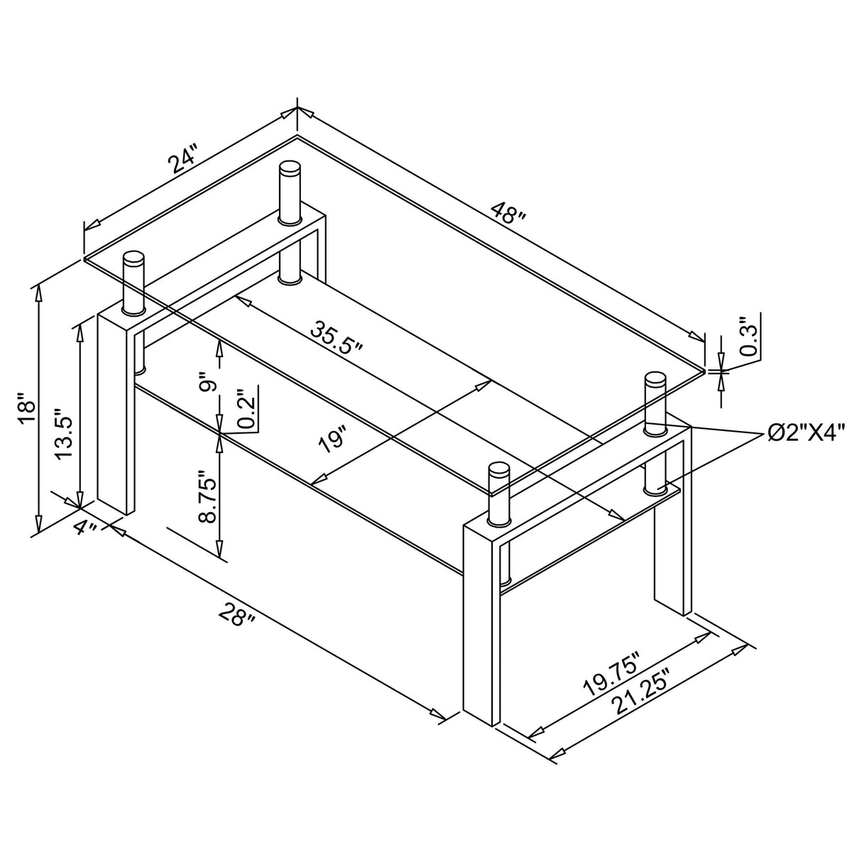 Coffee Table - Dyer Tempered Glass Coffee Table with Shelf Black