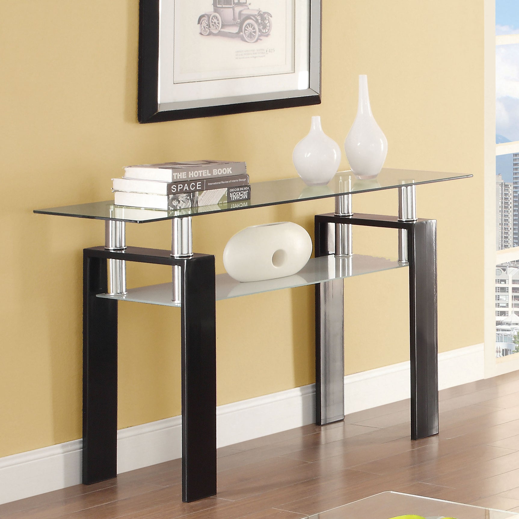 Sofa Table - Dyer Tempered Glass Sofa Table with Shelf Black