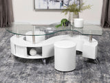 Buckley Curved Glass Top Coffee Table With Stools White High Gloss | Coaster | Home Elegance USA