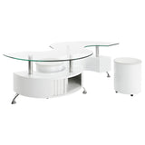 Buckley Curved Glass Top Coffee Table With Stools White High Gloss | Coaster | Home Elegance USA