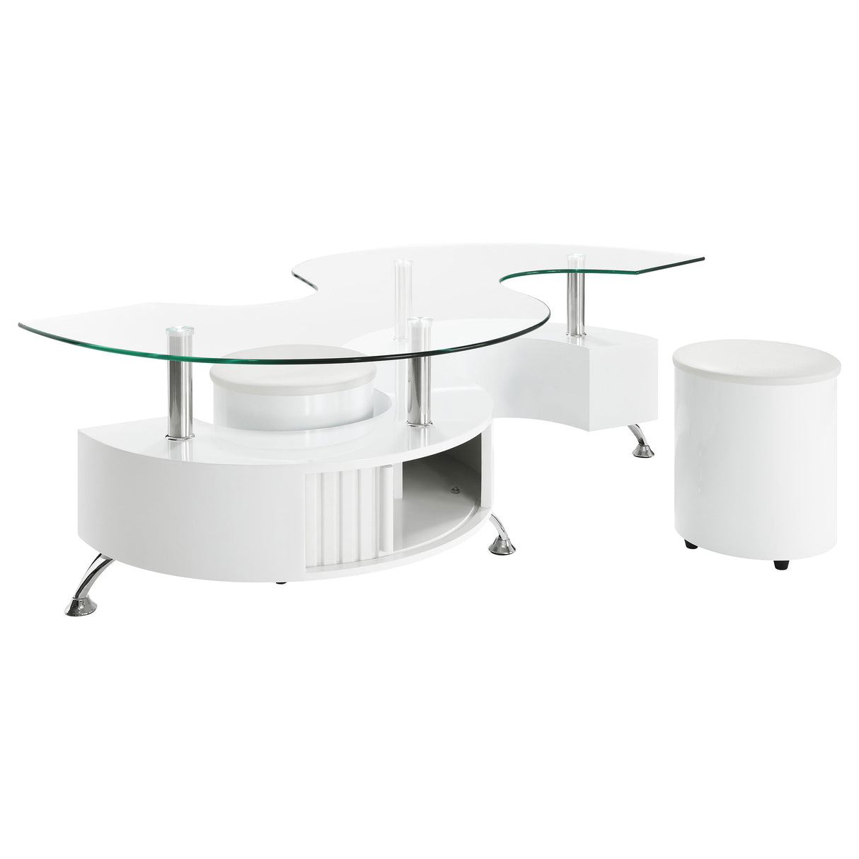 Coffee Table - Buckley Curved Glass Top Coffee Table With Stools White High Gloss