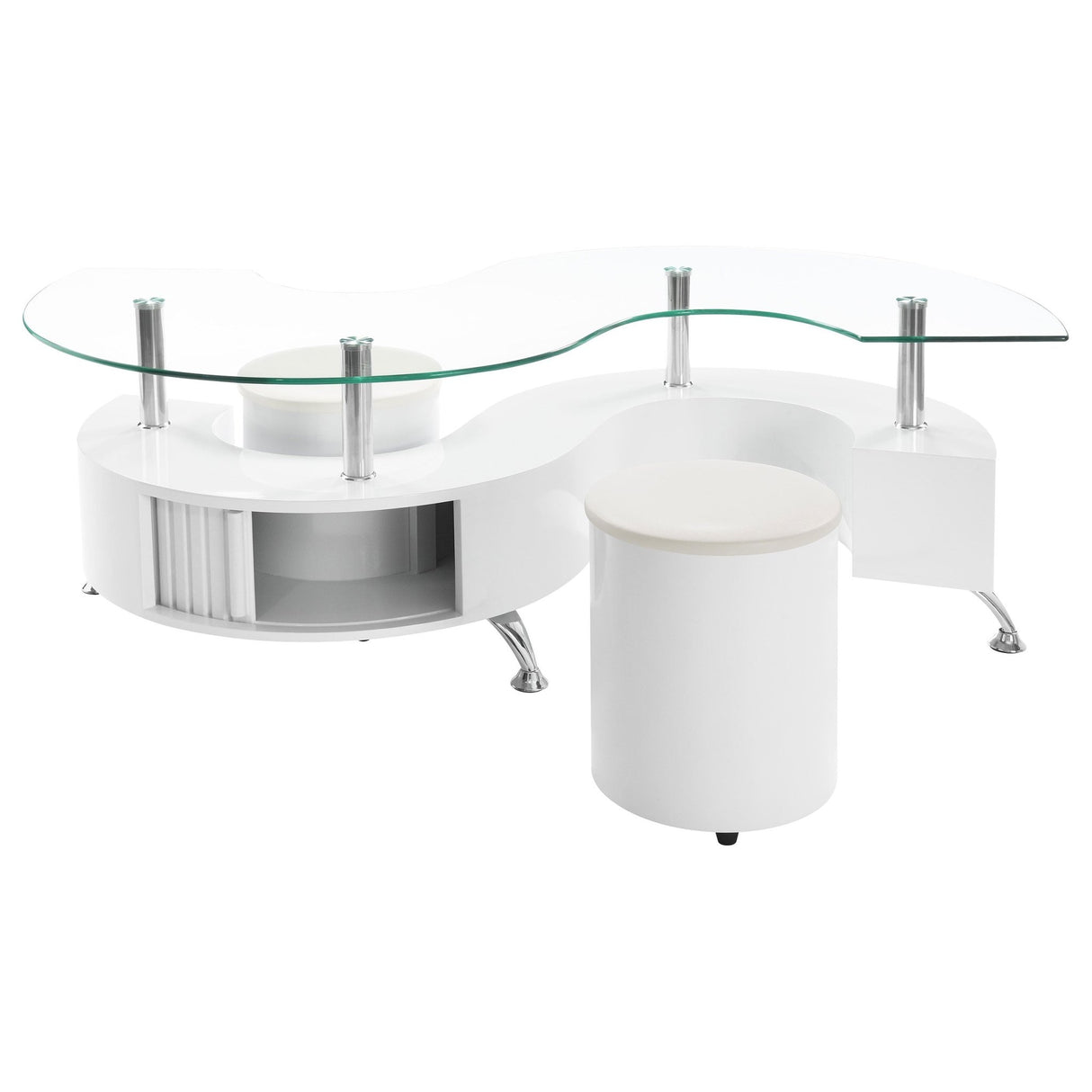 Buckley Curved Glass Top Coffee Table With Stools White High Gloss | Coaster | Home Elegance USA