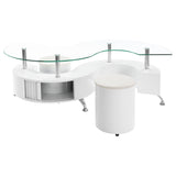 Buckley Curved Glass Top Coffee Table With Stools White High Gloss | Coaster | Home Elegance USA