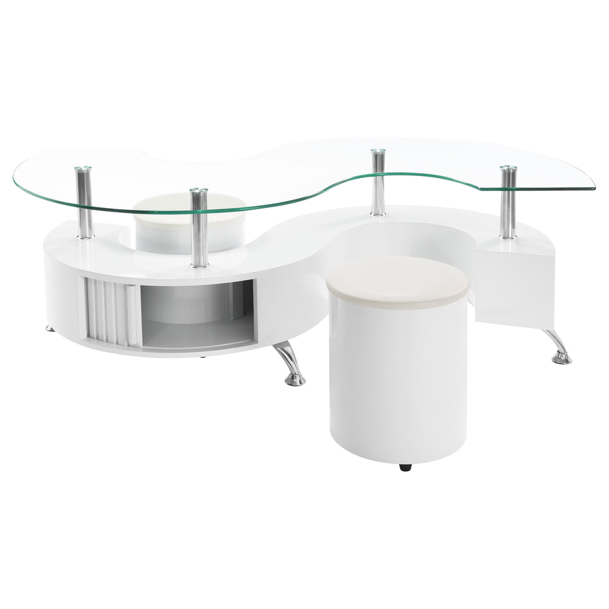 Coffee Table - Buckley Curved Glass Top Coffee Table With Stools White High Gloss