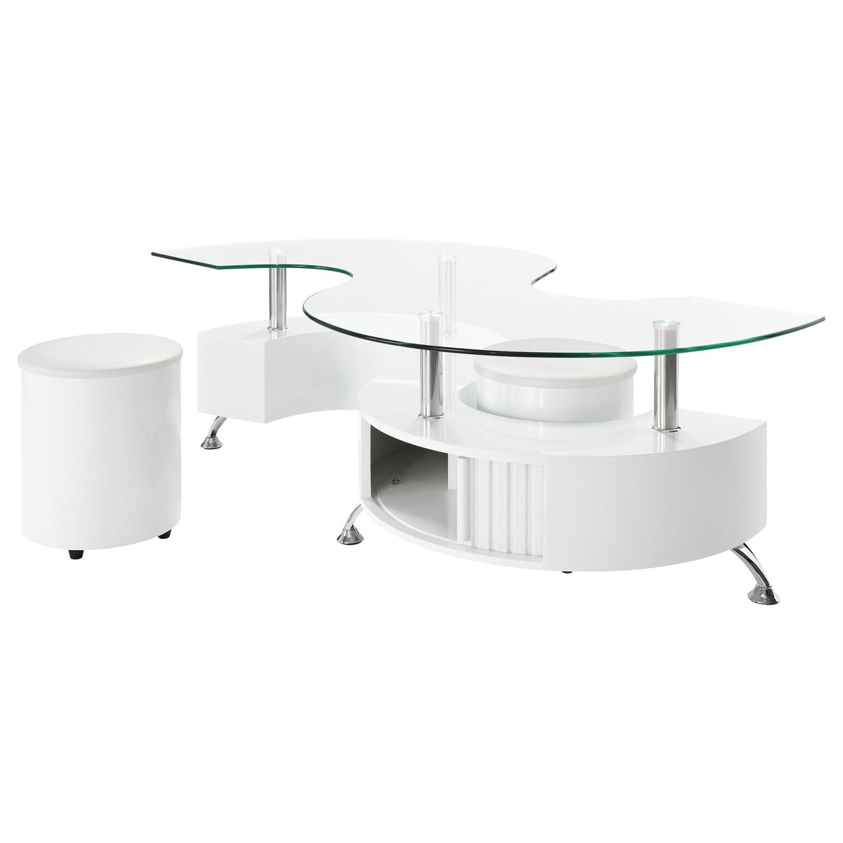 Buckley Curved Glass Top Coffee Table With Stools White High Gloss | Coaster | Home Elegance USA