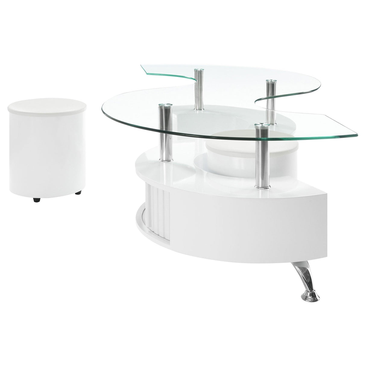 Buckley Curved Glass Top Coffee Table With Stools White High Gloss | Coaster | Home Elegance USA