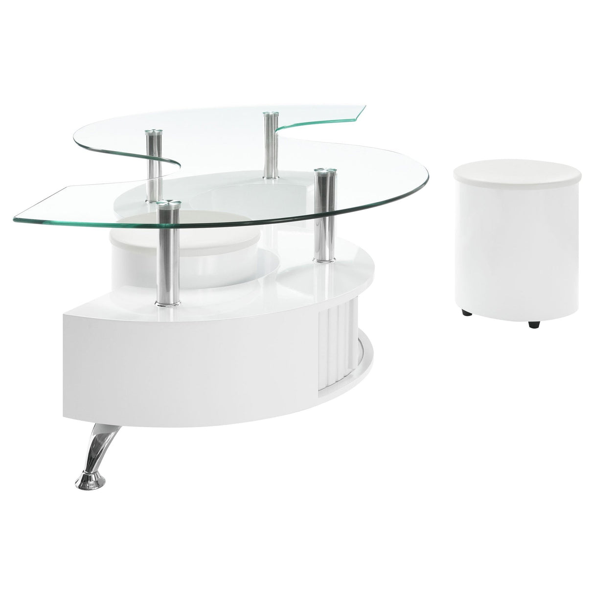 Buckley Curved Glass Top Coffee Table With Stools White High Gloss | Coaster | Home Elegance USA