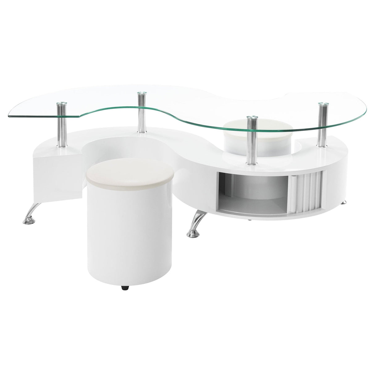 Buckley Curved Glass Top Coffee Table With Stools White High Gloss | Coaster | Home Elegance USA