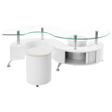 Buckley Curved Glass Top Coffee Table With Stools White High Gloss | Coaster | Home Elegance USA