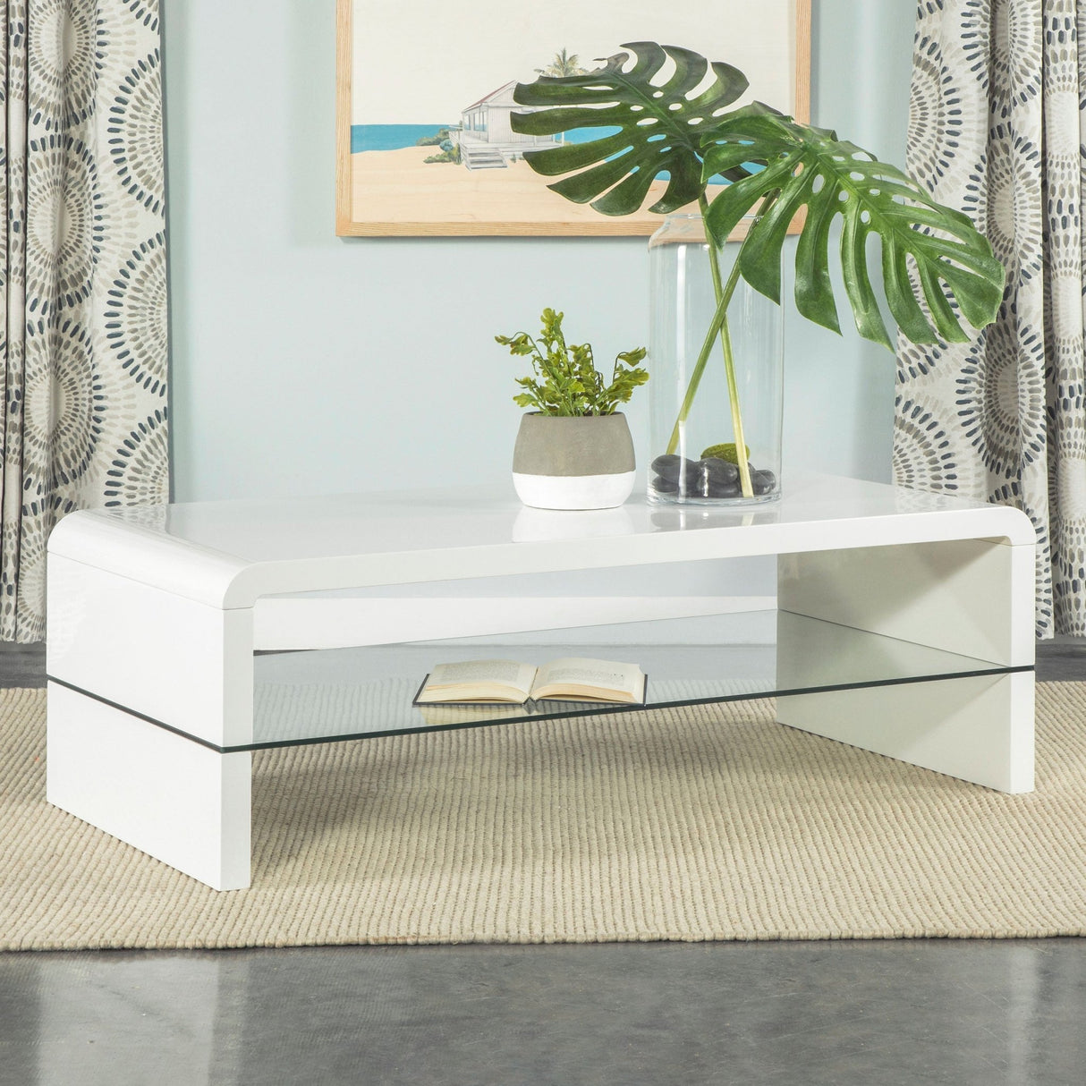 Airell Rectangular Coffee Table with Glass Shelf White High Gloss | Coaster - 703798 - Home Elegance USA - 2