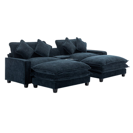 Contemporary Chenille Upholstered Sectional Sofa with Ottomans, USB Ports, Cup Holders & Storage, Blue - sold by Home Elegance USA