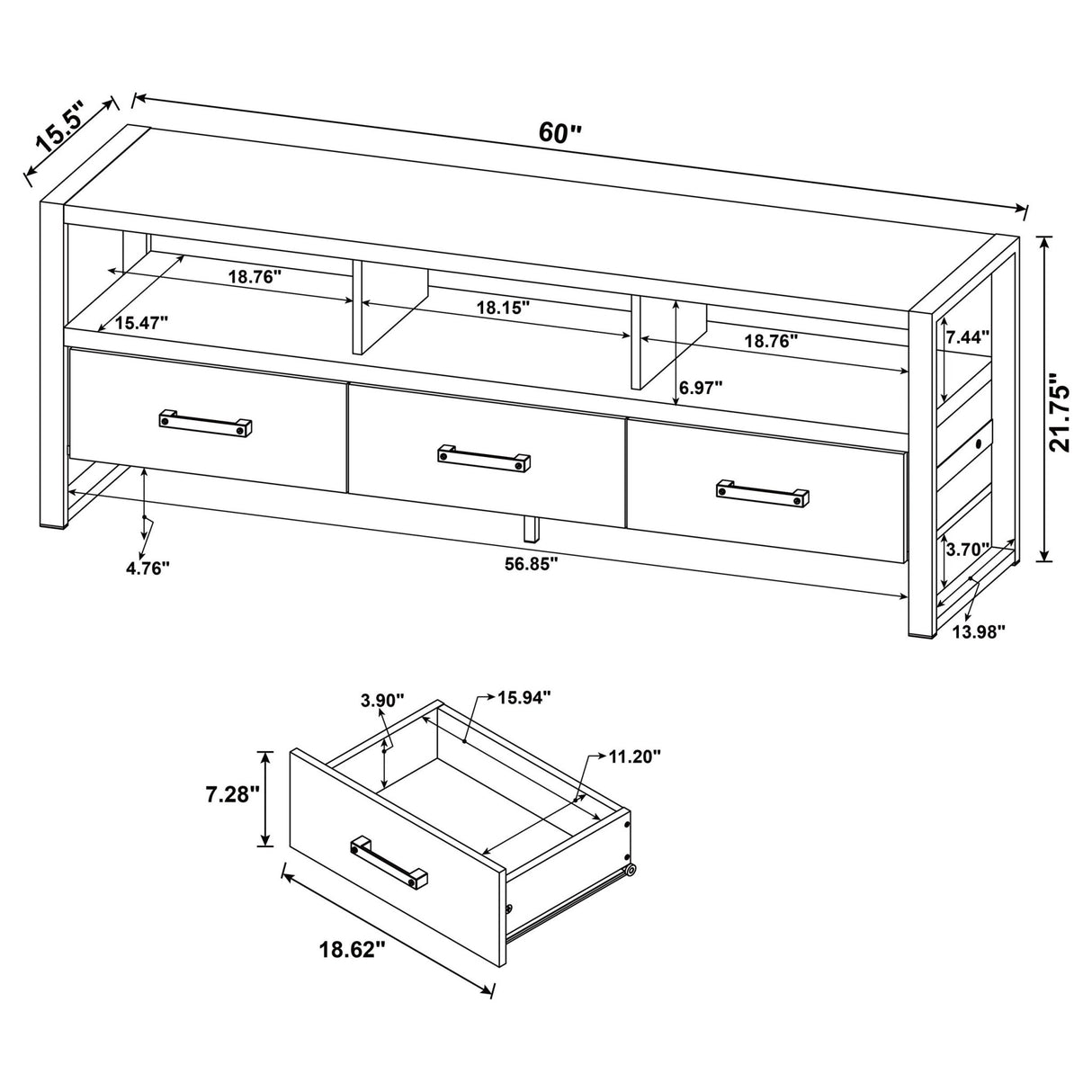 60" Tv Stand - James 3-drawer Composite Wood 60" TV Stand Dark Pine
