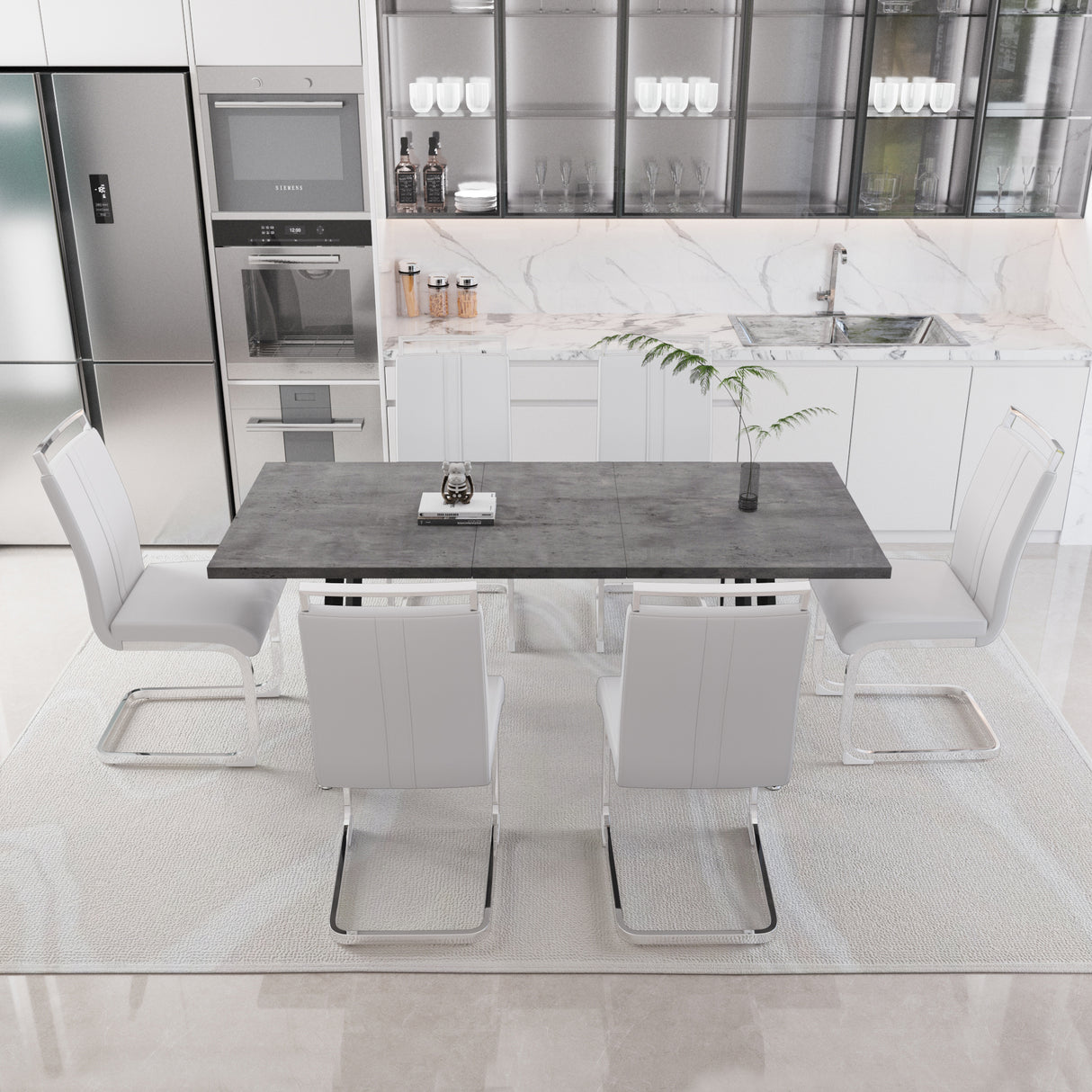 55.12-70.87' expandable square dining table set that can accommodate 4-6 people, equipped with 6 C-shaped tubular cushioned armless dining chair,  kitchen table and chair set, with metal legs