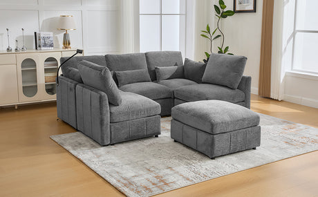 Modern Sectional Sofa Modular Sofa with Movable Ottoman, USB Ports & Phone Holder, Grey Chenille, 85.4' - sold by Home Elegance USA