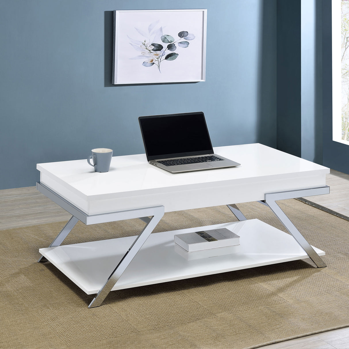 Lift Top Coffee Table - Marcia Wood Rectangular Lift Top Coffee Table White High Gloss and Chrome