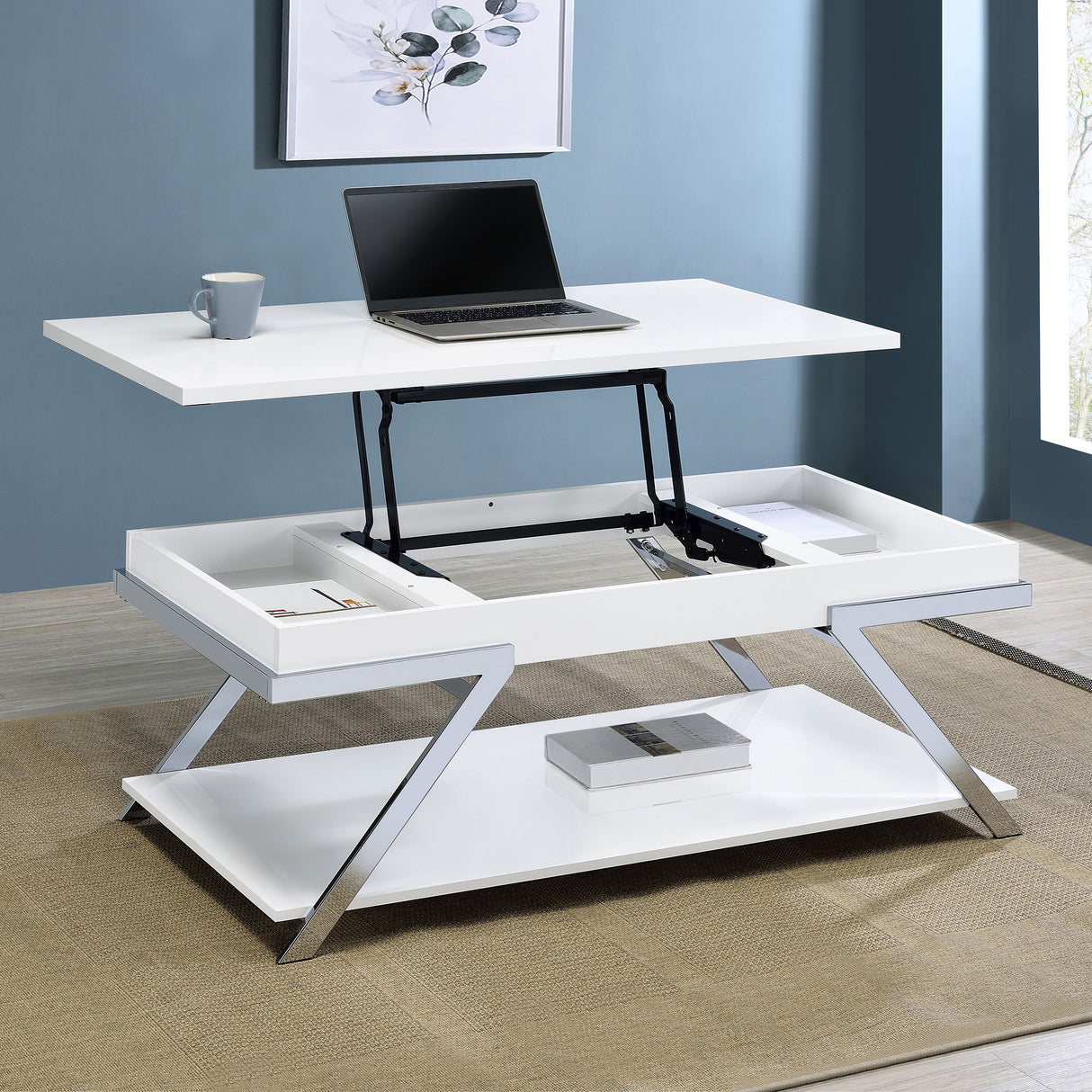 Lift Top Coffee Table - Marcia Wood Rectangular Lift Top Coffee Table White High Gloss and Chrome