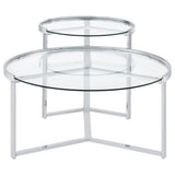 Delia 2 - Piece Round Glass Top Nesting Coffee Table Clear and Chrome | Coaster | Home Elegance USA