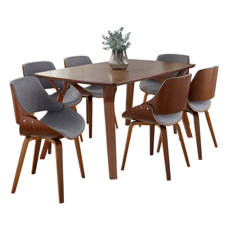 Folia Fabrizzi Mid-Century Modern Dining Set in Walnut Wood and Grey Fabric by LumiSource - 7 Piece - sold by Home Elegance USA