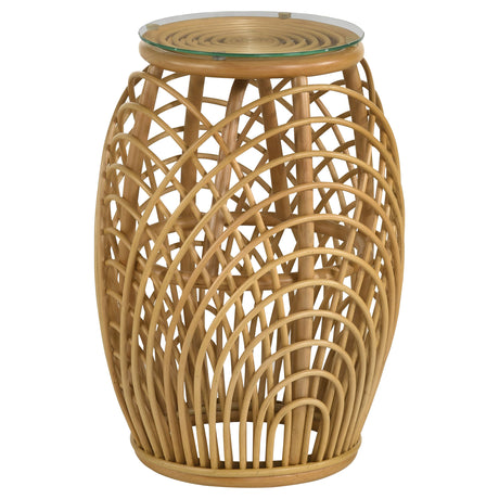 End Table - Dahlia Round Glass Top Woven Rattan End Table Natural Brown