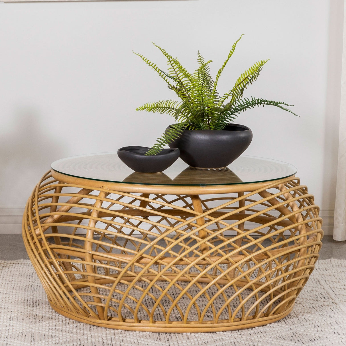 Dahlia Round Glass Top Woven Rattan Coffee Table Natural Brown | Coaster | Home Elegance USA