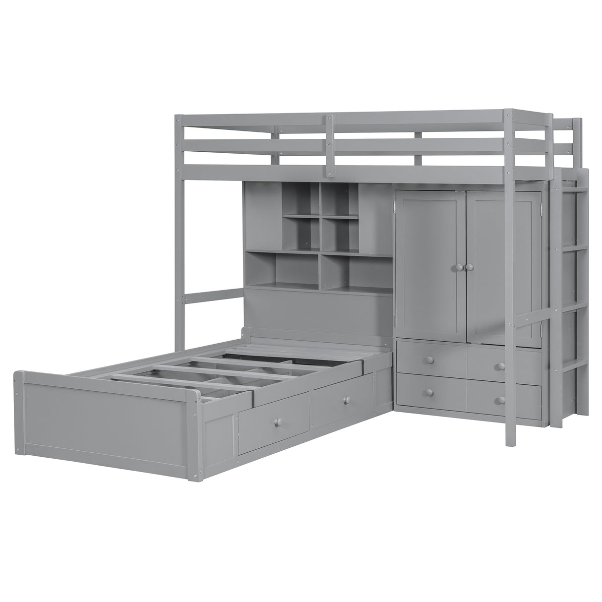 Twin Bunk Bed with Drawers, Wardrobe, Storage Shelves and Hydraulic Bed,Gray - sold by Home Elegance USA