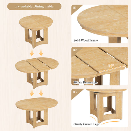 TOPMAX Farmhouse Extendable Round Dining Table Set for 4, 5-Piece Kitchen Table Set with 4 Upholstered Chairs and 16inch Removable Leaf for Small Places, Natural+Beige - sold by Home Elegance USA
