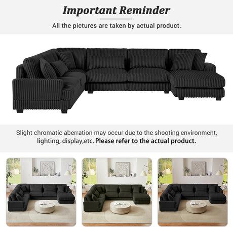 Modern Oversized U-shaped Sectional Sofa with Chaise Lounge Upholstered in Soft Black Corduroy - sold by Home Elegance USA