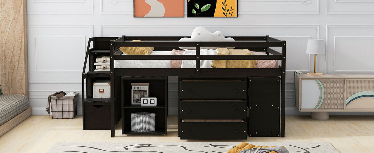 Full Size Loft Bed with Retractable Writing Desk and 3 Drawers, Wooden Loft Bed with Storage Stairs and Shelves, Espresso - Home Elegance USA