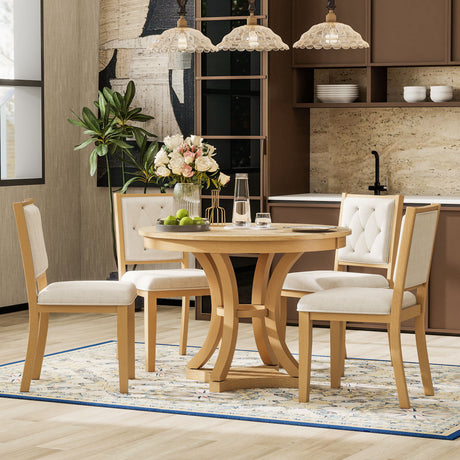 TREXM 5-Piece Retro Functional Dining Table Set Extendable Round Table and 4 Upholstered Chairs for Dining Room and Living Room (Natural) - sold by Home Elegance USA