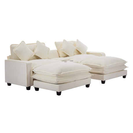Chenille Upholstered Sectional Sofa with Removable Ottoman, USB Ports, Cup Holders, and Storage, Beige, 111' - sold by Home Elegance USA