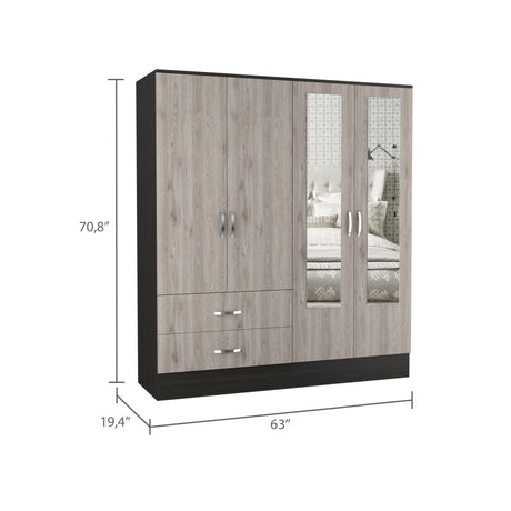 Gangi 160 Armoire, 4-door wardrobe , Two Mirrors, Metal Hardware, Two Drawers, Rod, Ten Shelves, Black Wengue / Light Gray -Bedroom - sold by Home Elegance USA