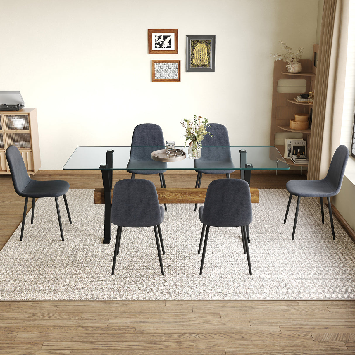 Juego de mesa y sillas. 79'x31.5' con patas de mesa de metal negro en forma de X, viga transversal de MDF con textura de veta de madera. Combina con 6 sillas hechas de tela de lino gris oscuro. Patas con revestimiento de tubería de hierro.