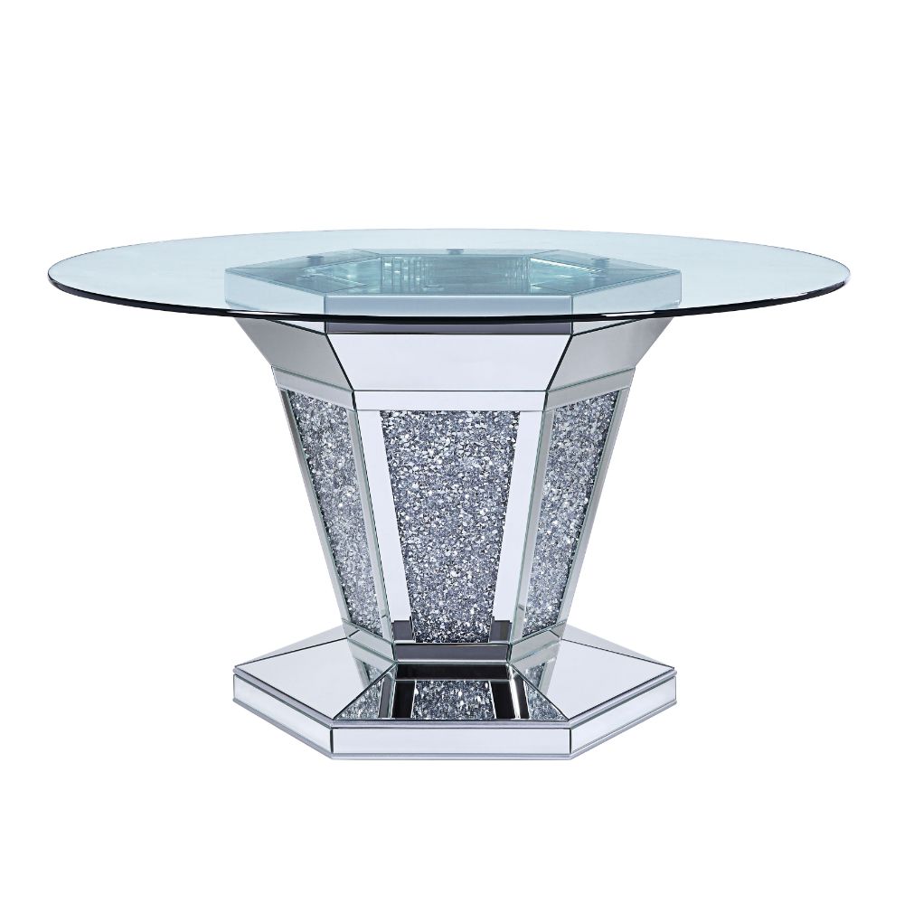 Acme - Noralie Dining Table 71285 Mirrored, Faux Diamonds & Clear Glass Top Finish