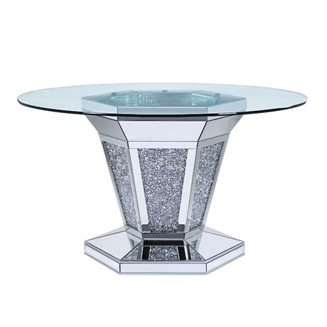 Acme - Noralie Dining Table 71285 Mirrored, Faux Diamonds & Clear Glass Top Finish