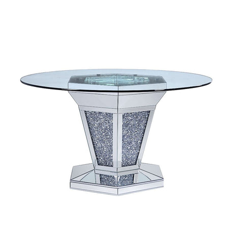 Acme - Noralie Dining Table 71285 Mirrored, Faux Diamonds & Clear Glass Top Finish