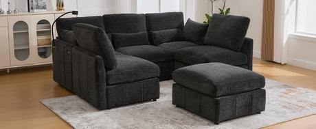 Modern Modular Sofa 85.4' U-shaped Sofa Bed with Movable Ottoman, USB Ports, Phone Holder, Black Chenille - sold by Home Elegance USA