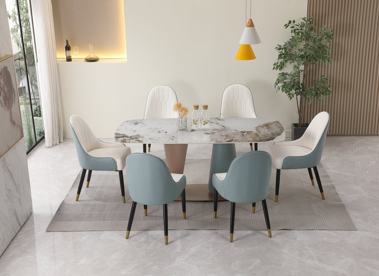 71" Pandora color sintered stone dining table with cone shape Pedestal Base in champagne and blue color - W509S00009 - Home Elegance USA - 2