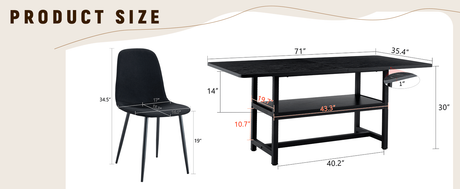 Table and chair set.71*35.4 inch Black Grain Spliced Dining Table With Storage Function In The Middle Of The Table Legs.Paired with 8 Black Linen-Cotton Material High Resilience Dining Chair. - sold by Home Elegance USA