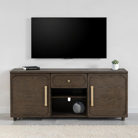 Transitional Style 1pc TV Console Gold Handles And Knob Recessed Panels Dark Walnut Finish - sold by Home Elegance USA