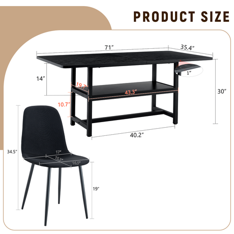 Table and chair set.71*35.4 inch Black Grain Spliced Dining Table With Storage Function In The Middle Of The Table Legs.Paired with 8 Black Linen-Cotton Material High Resilience Dining Chair. - sold by Home Elegance USA