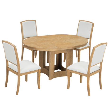 TOPMAX Farmhouse Extendable Round Dining Table Set for 4, 5-Piece Kitchen Table Set with 4 Upholstered Chairs and 16inch Removable Leaf for Small Places, Natural+Beige - sold by Home Elegance USA