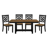 2-Tone Black Brown Finish 5pc Dining Set Table with Storage Shelf and 4x Side Chairs Modern Farmhouse Wooden Furniture
