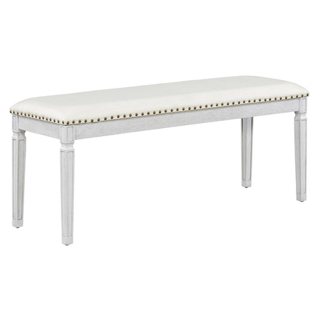 TREXM Vintage Extendable Dining Table Set for 6 with 4 Chairs & Bench, 59 to 72-Inch Rustic Farmhouse Kitchen Table Set with Distressed Finish and Retro Carved Legs (Washed White) - sold by Home Elegance USA