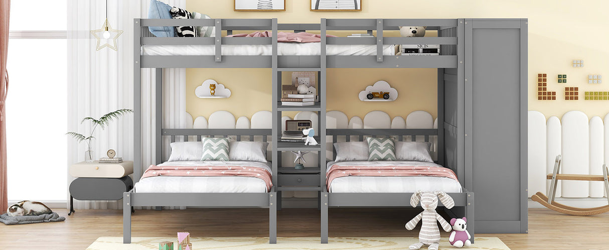 Full-Over-Twin-Twin Bunk Bed with Shelves, Wardrobe and Mirror, Gray - Home Elegance USA