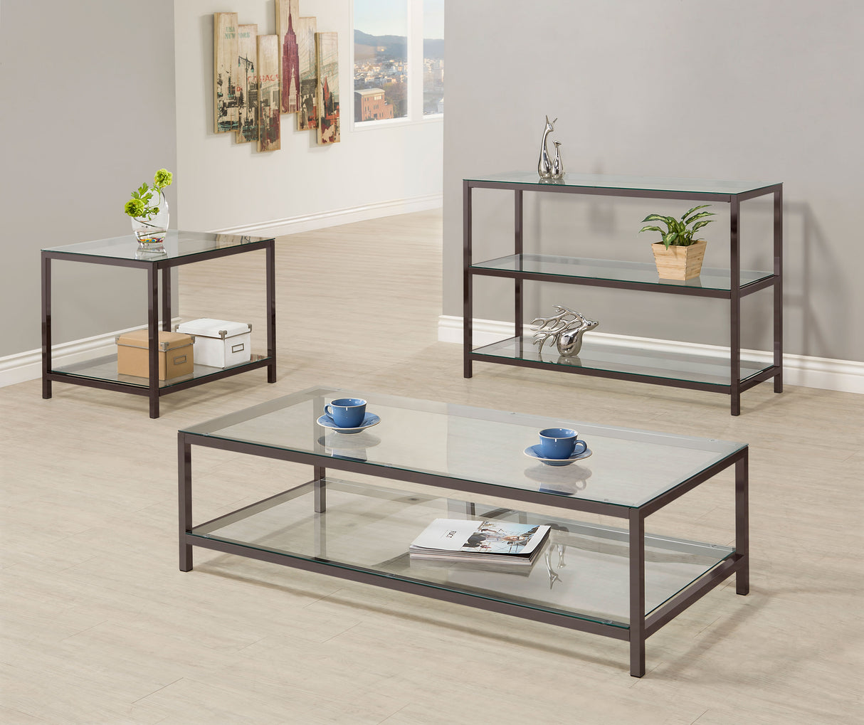 Coffee Table - Trini Coffee Table with Glass Shelf Black Nickel